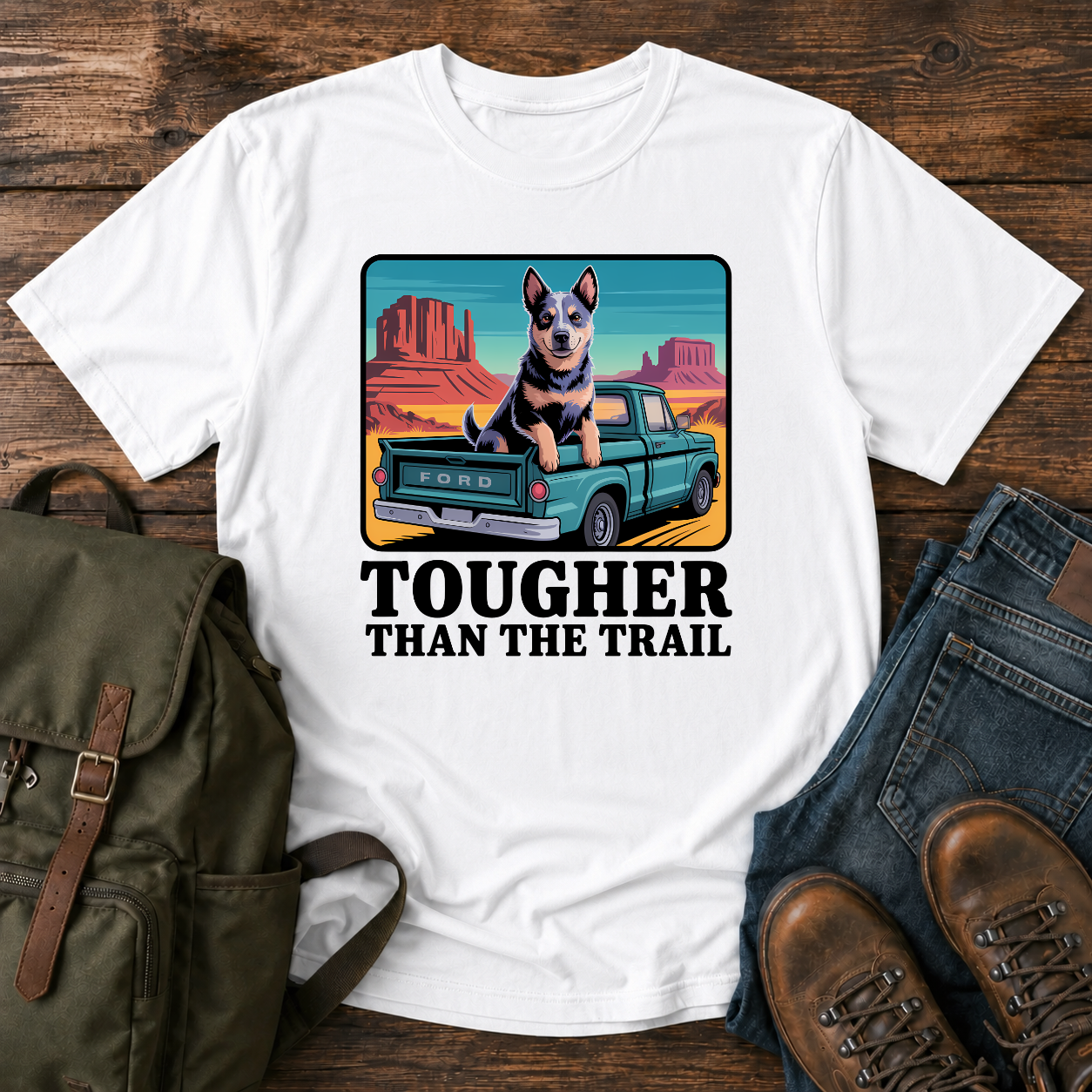 Blue Heeler dog riding in a vintage pickup truck on a desert overlanding t-shirt design.