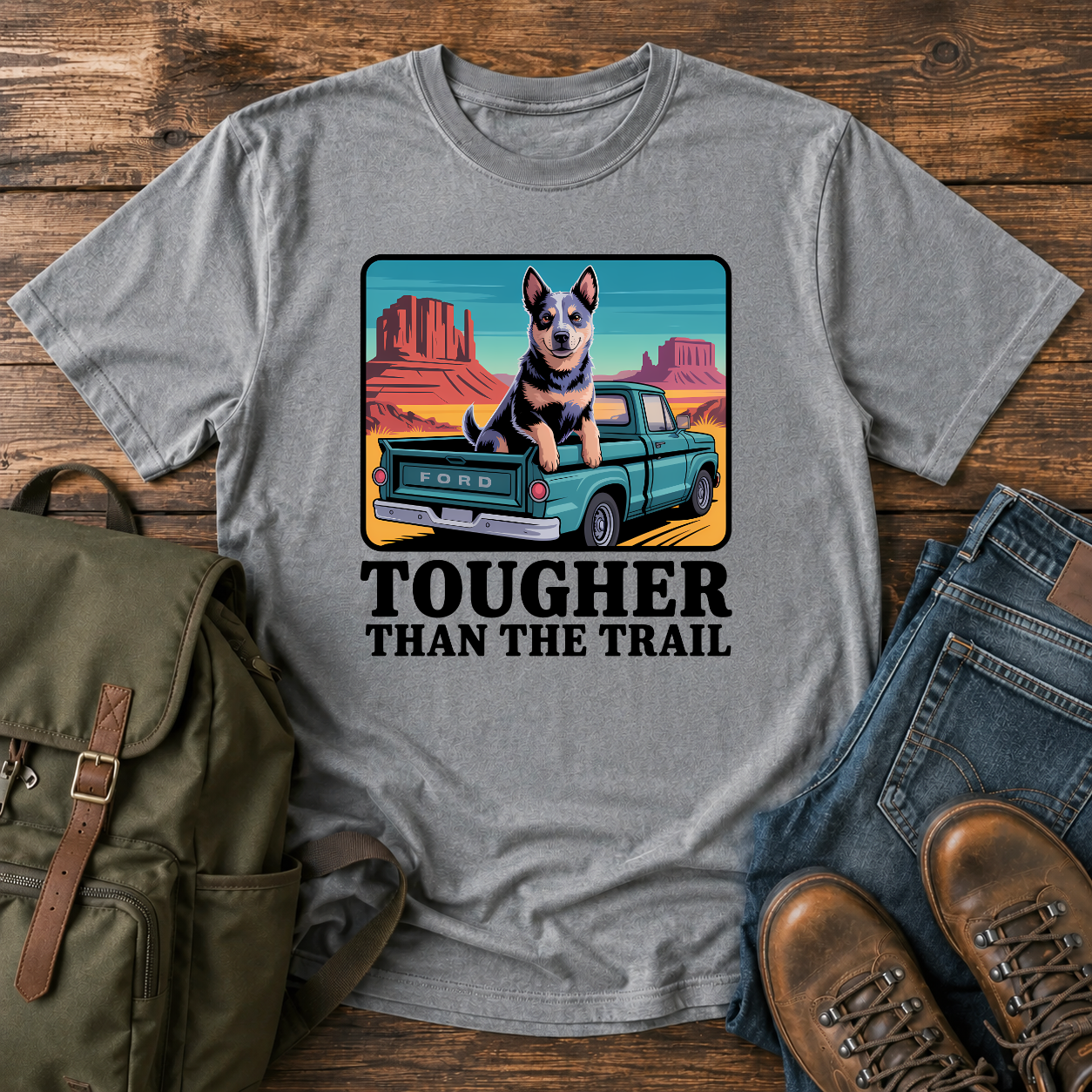 Blue Heeler dog riding in a vintage pickup truck on a desert overlanding t-shirt design.