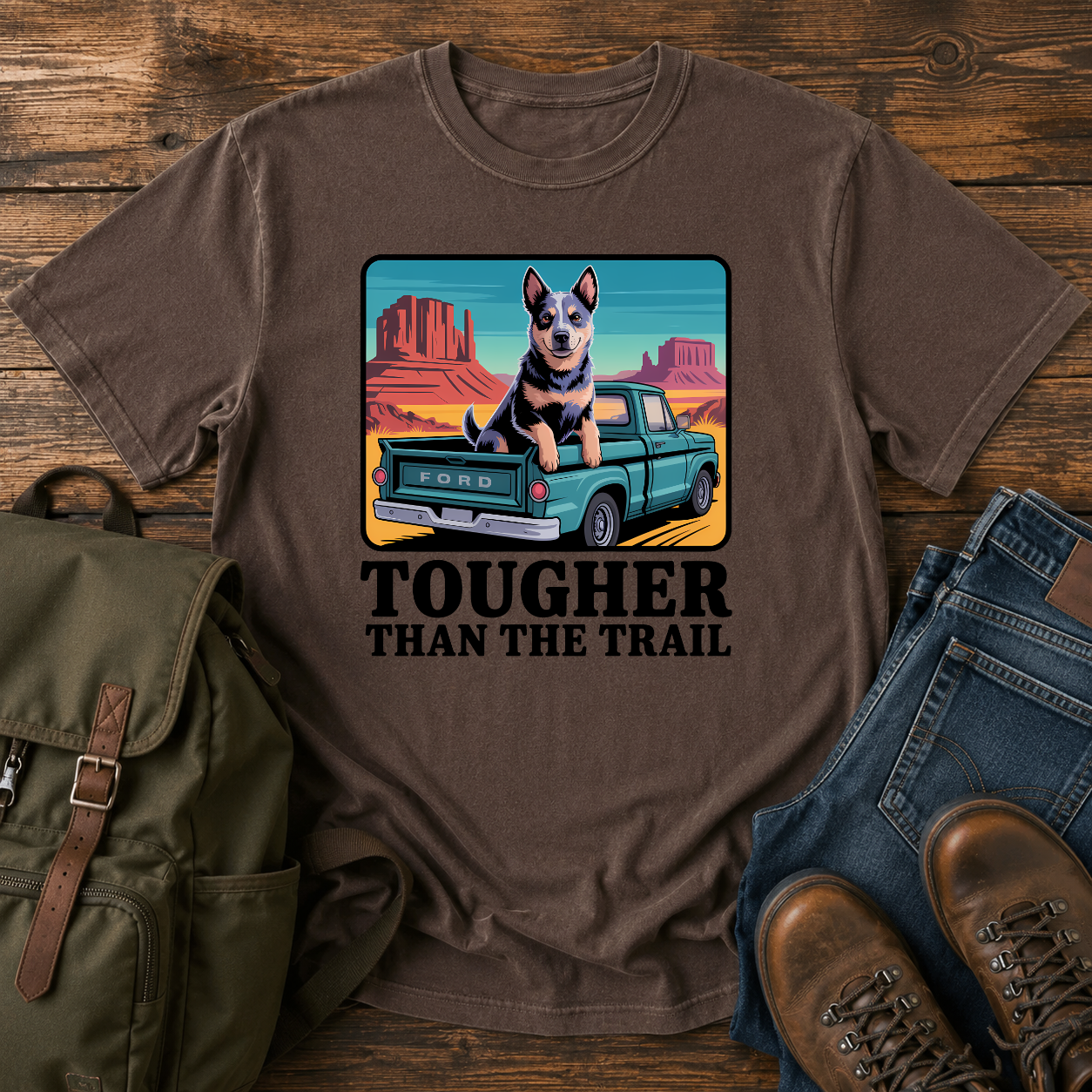Blue Heeler dog riding in a vintage pickup truck on a desert overlanding t-shirt design.