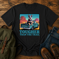 Blue Heeler dog riding in a vintage pickup truck on a desert overlanding t-shirt design.