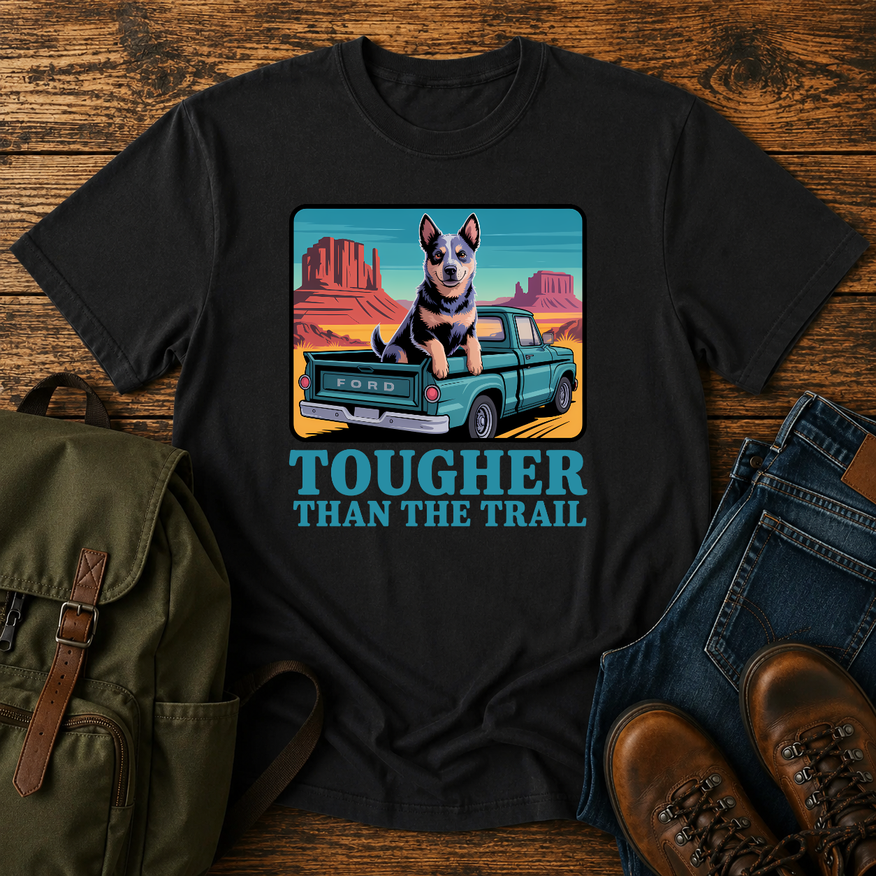 Blue Heeler dog riding in a vintage pickup truck on a desert overlanding t-shirt design.