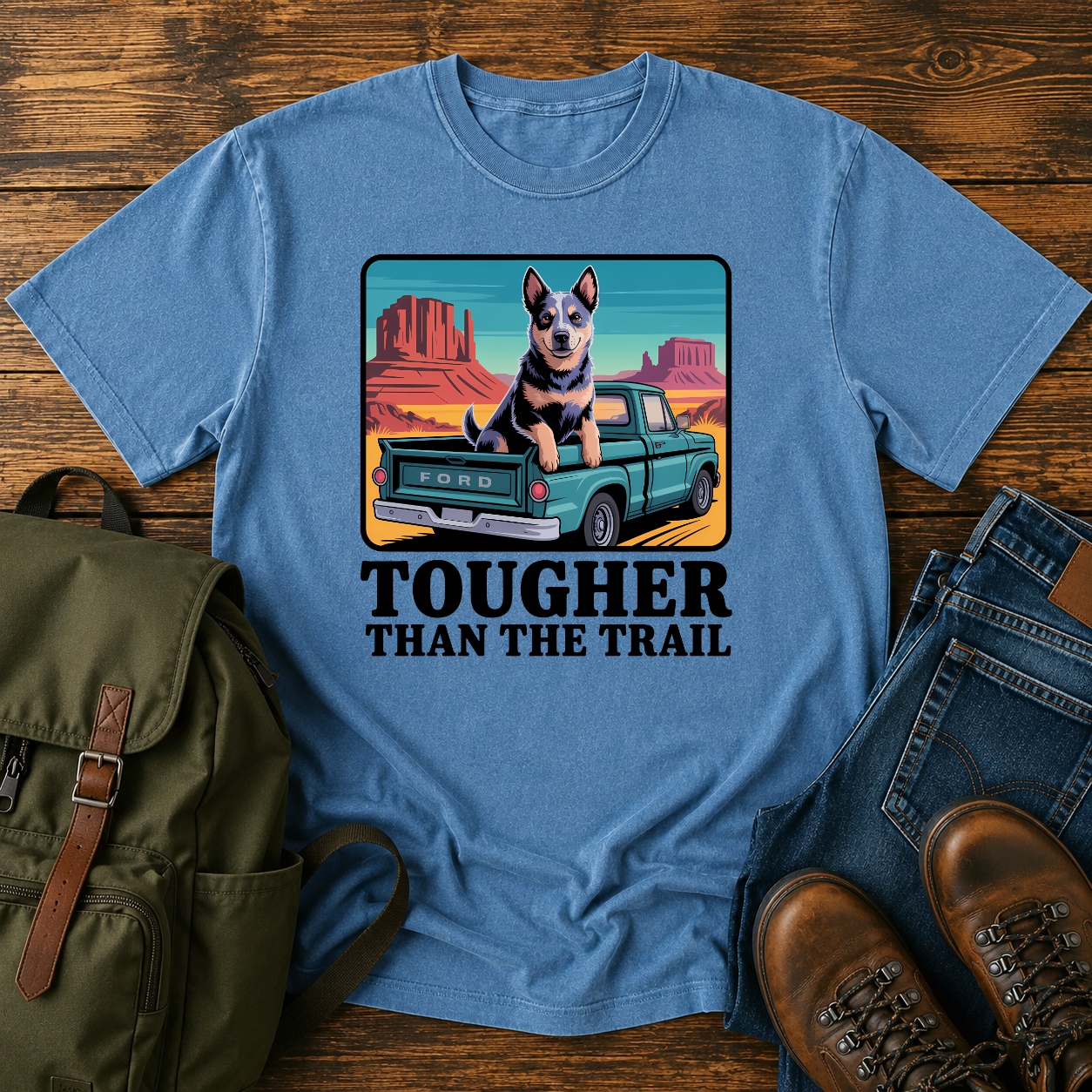Blue Heeler dog riding in a vintage pickup truck on a desert overlanding t-shirt design.