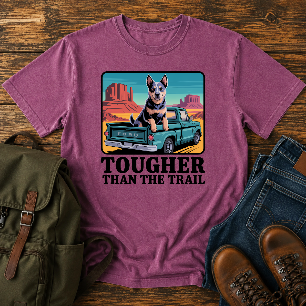 Blue Heeler dog riding in a vintage pickup truck on a desert overlanding t-shirt design.
