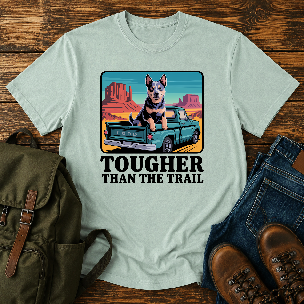 Blue Heeler dog riding in a vintage pickup truck on a desert overlanding t-shirt design.