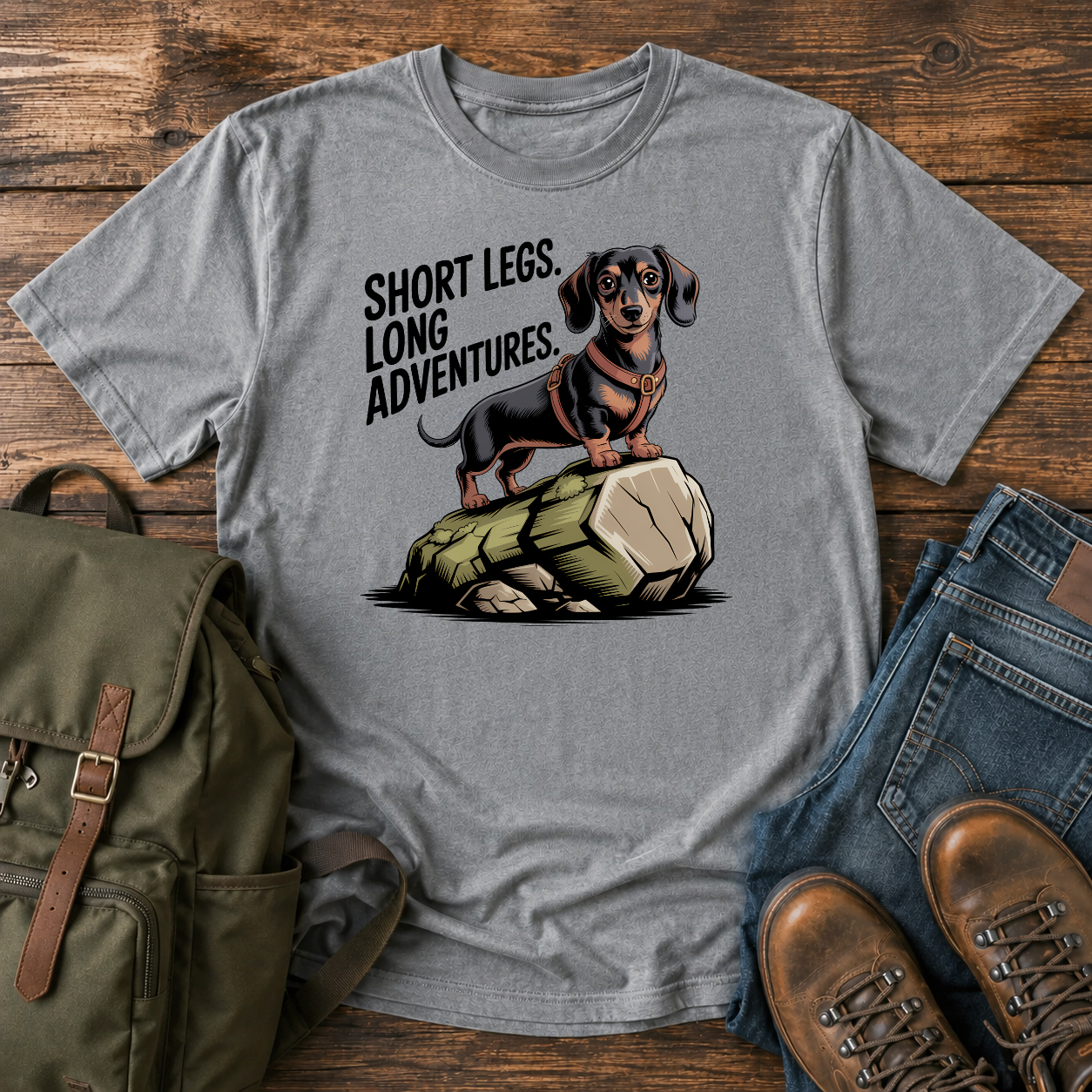 Dachshund in a trail harness standing on a large boulder on a vintage adventure t-shirt design.