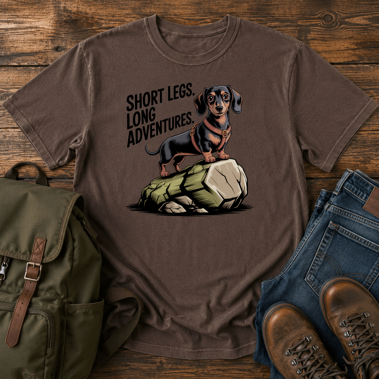 Dachshund in a trail harness standing on a large boulder on a vintage adventure t-shirt design.