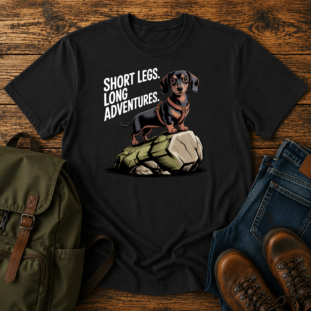 Dachshund in a trail harness standing on a large boulder on a vintage adventure t-shirt design.