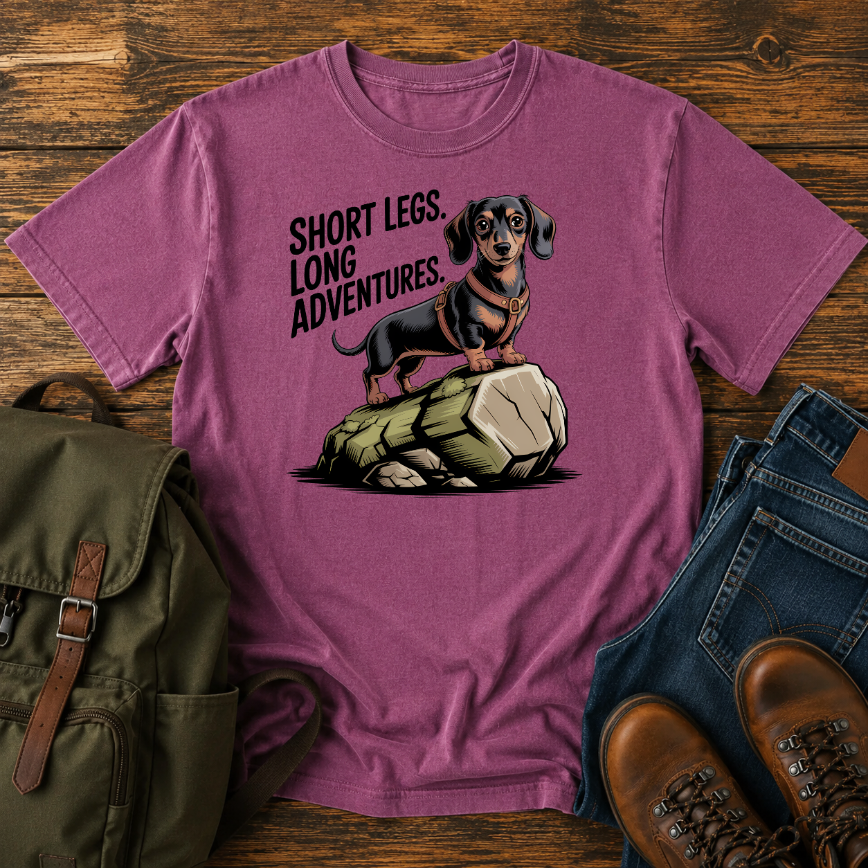 Dachshund in a trail harness standing on a large boulder on a vintage adventure t-shirt design.