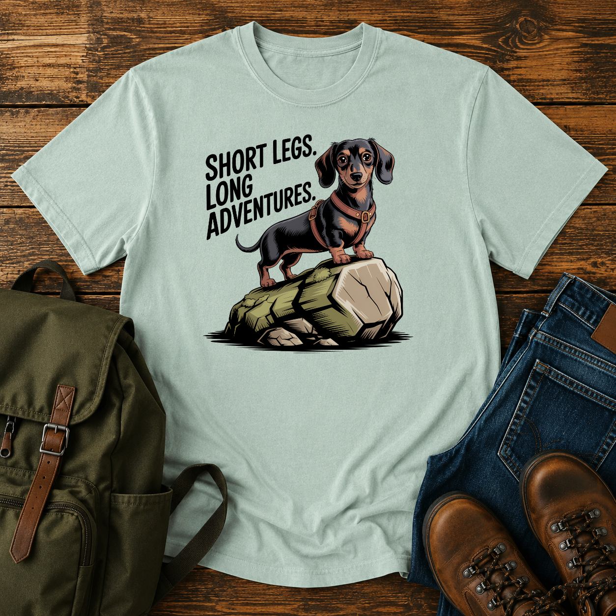 Dachshund in a trail harness standing on a large boulder on a vintage adventure t-shirt design.