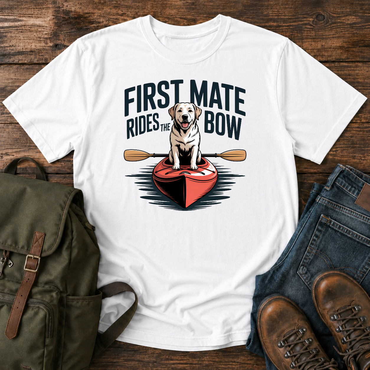 Labrador dog standing proudly on the bow of a kayak on a nautical water-dog t-shirt design.