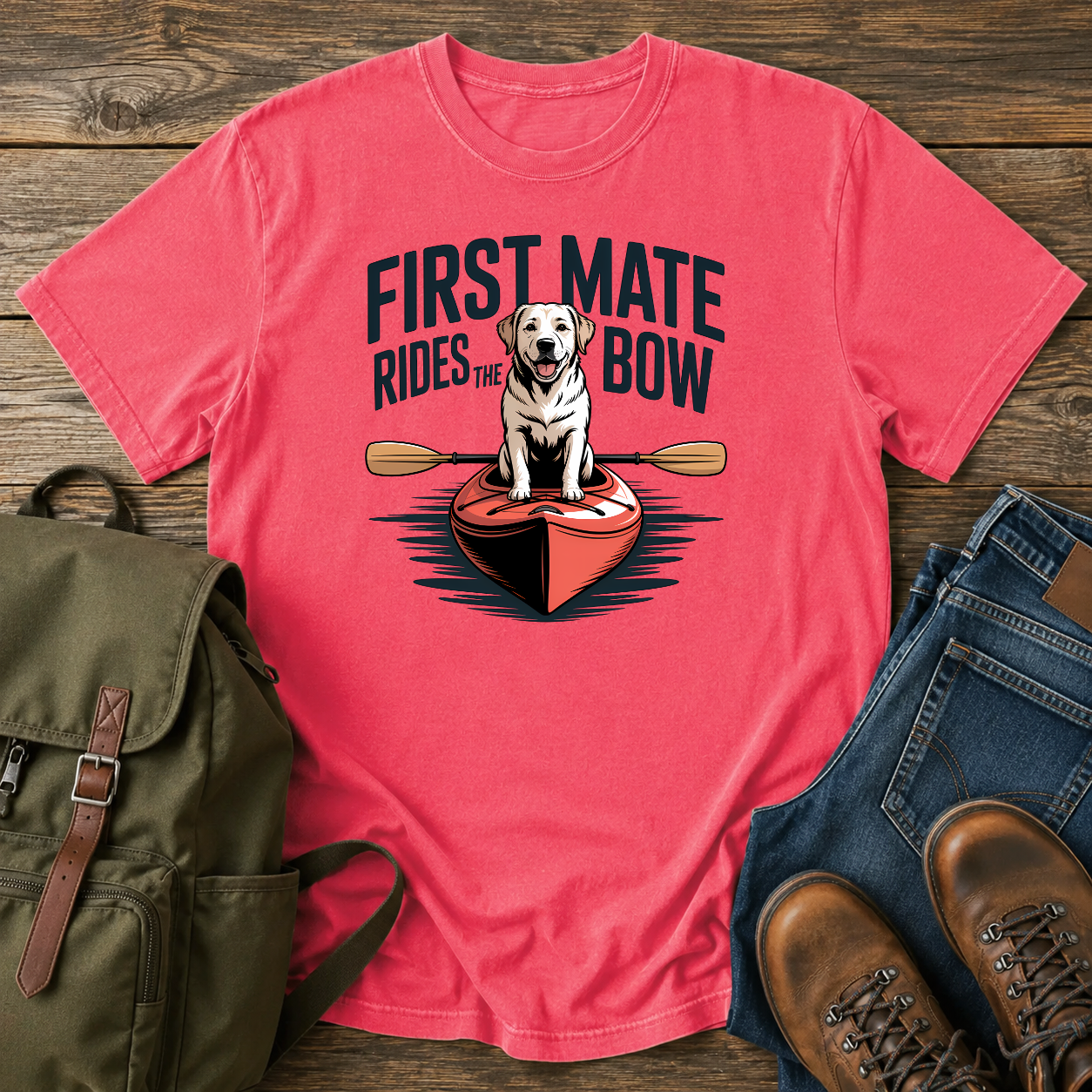 Labrador dog standing proudly on the bow of a kayak on a nautical water-dog t-shirt design.