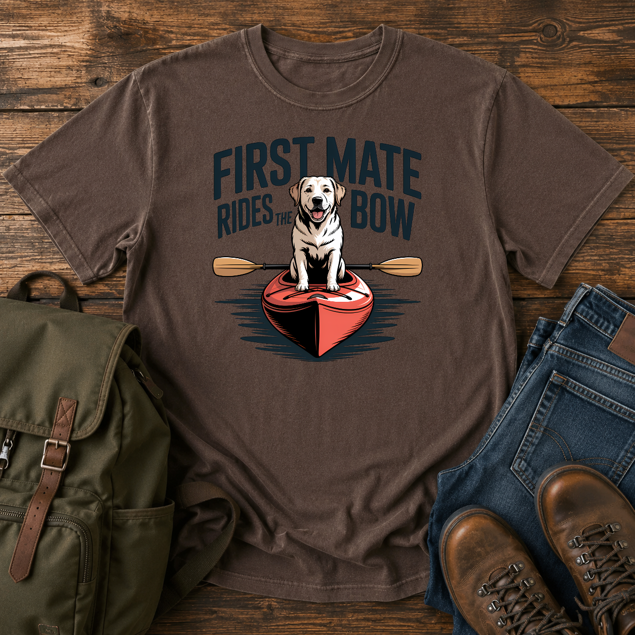 Labrador dog standing proudly on the bow of a kayak on a nautical water-dog t-shirt design.