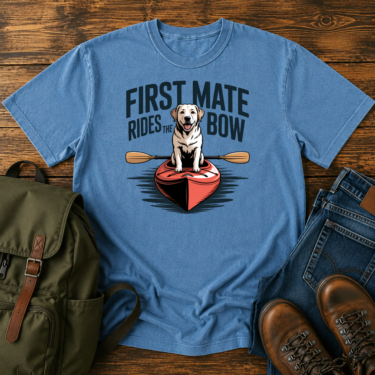 Labrador dog standing proudly on the bow of a kayak on a nautical water-dog t-shirt design.