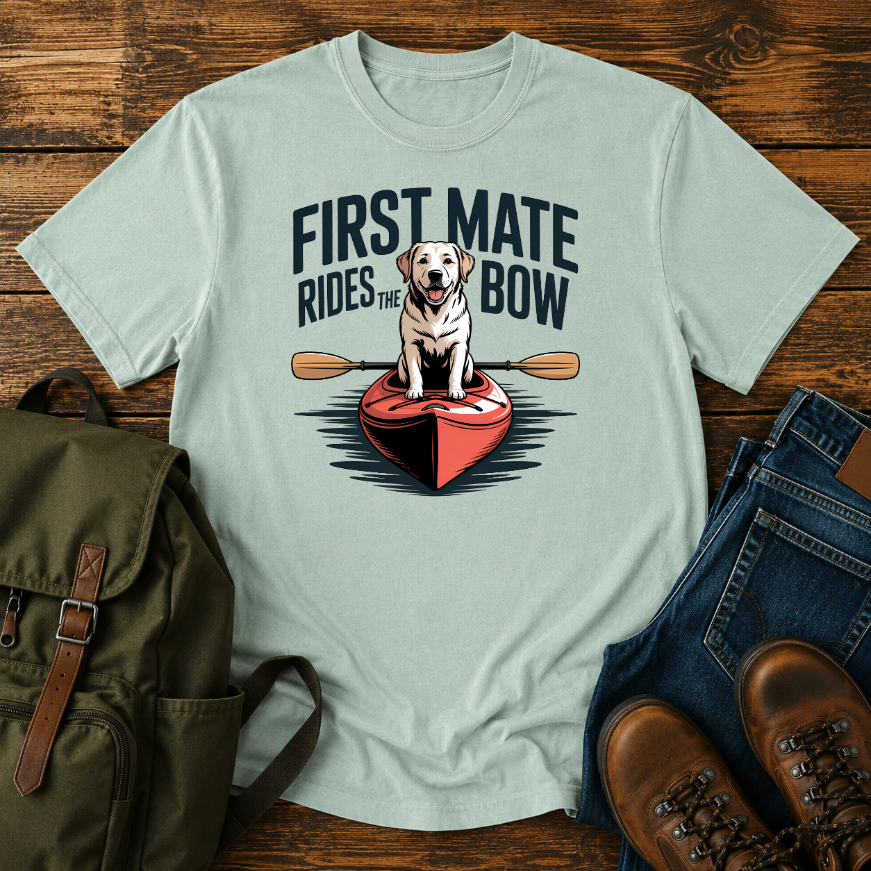 Labrador dog standing proudly on the bow of a kayak on a nautical water-dog t-shirt design.