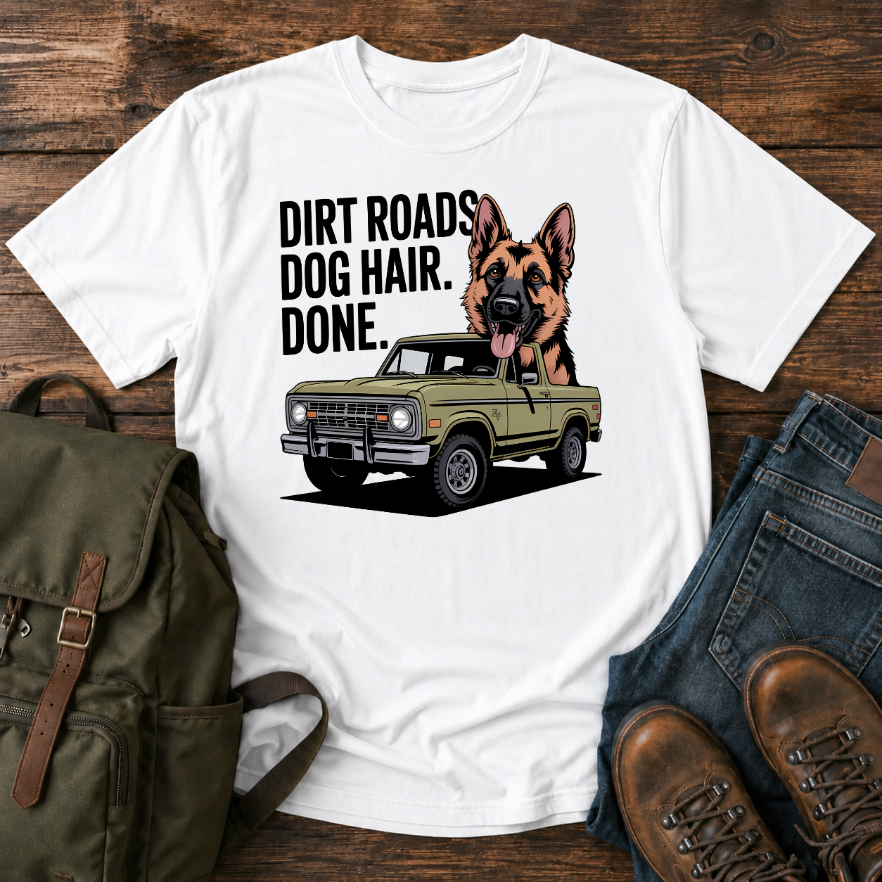 German Shepherd dog with ears flapping out a vintage 4x4 truck window on a road-trip t-shirt design.