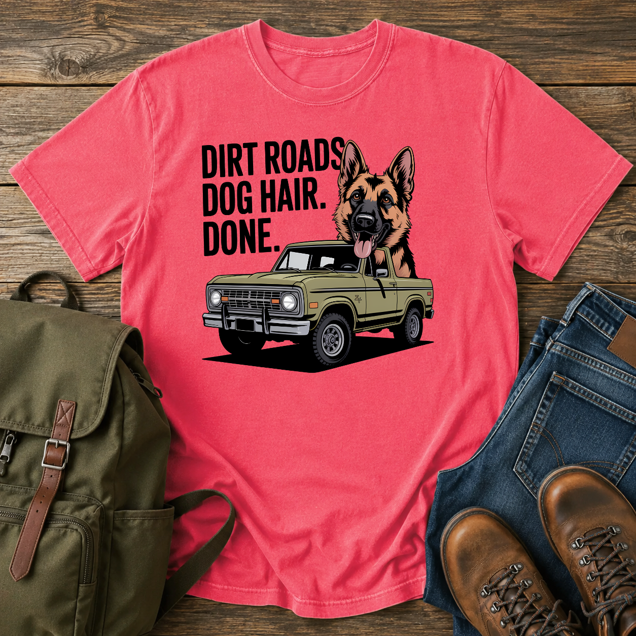 German Shepherd dog with ears flapping out a vintage 4x4 truck window on a road-trip t-shirt design.