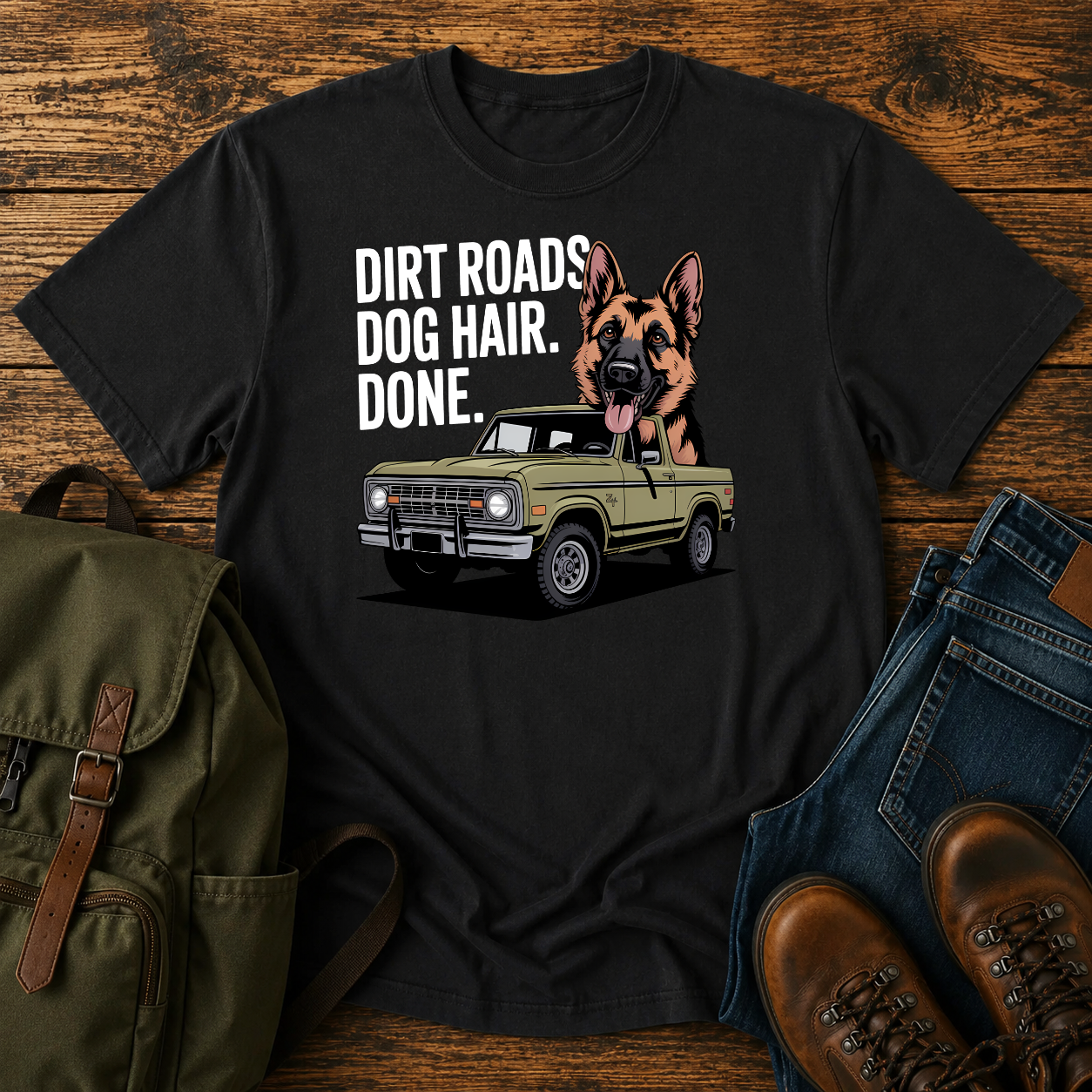 German Shepherd dog with ears flapping out a vintage 4x4 truck window on a road-trip t-shirt design.