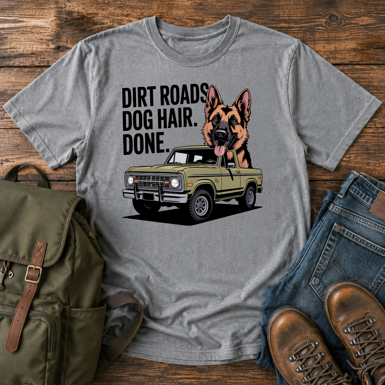 German Shepherd dog with ears flapping out a vintage 4x4 truck window on a road-trip t-shirt design.
