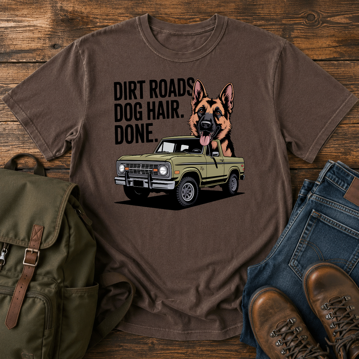 German Shepherd dog with ears flapping out a vintage 4x4 truck window on a road-trip t-shirt design.