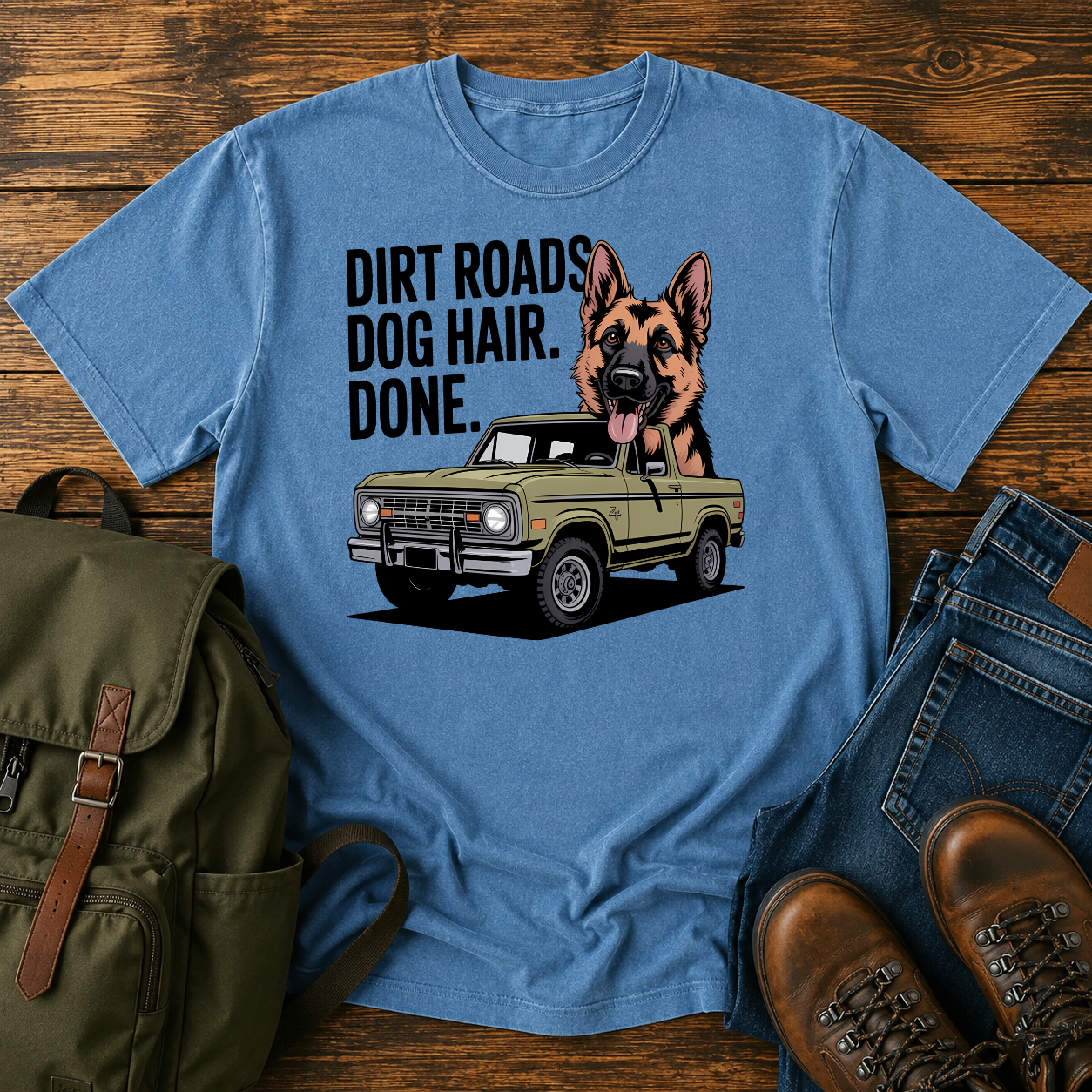German Shepherd dog with ears flapping out a vintage 4x4 truck window on a road-trip t-shirt design.