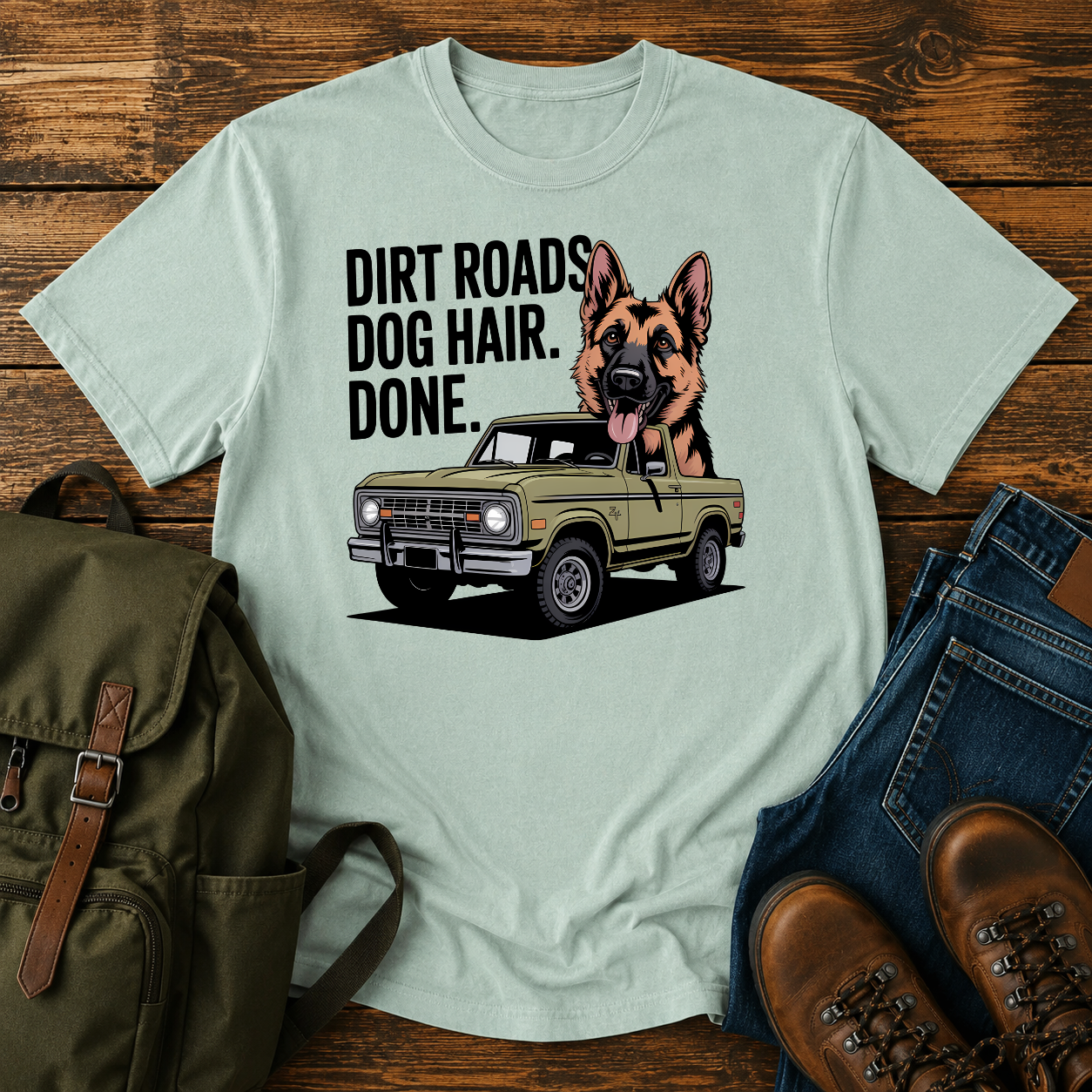 German Shepherd dog with ears flapping out a vintage 4x4 truck window on a road-trip t-shirt design.