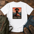 Dachshund standing on a mountain summit in a vintage national-park poster t-shirt design.