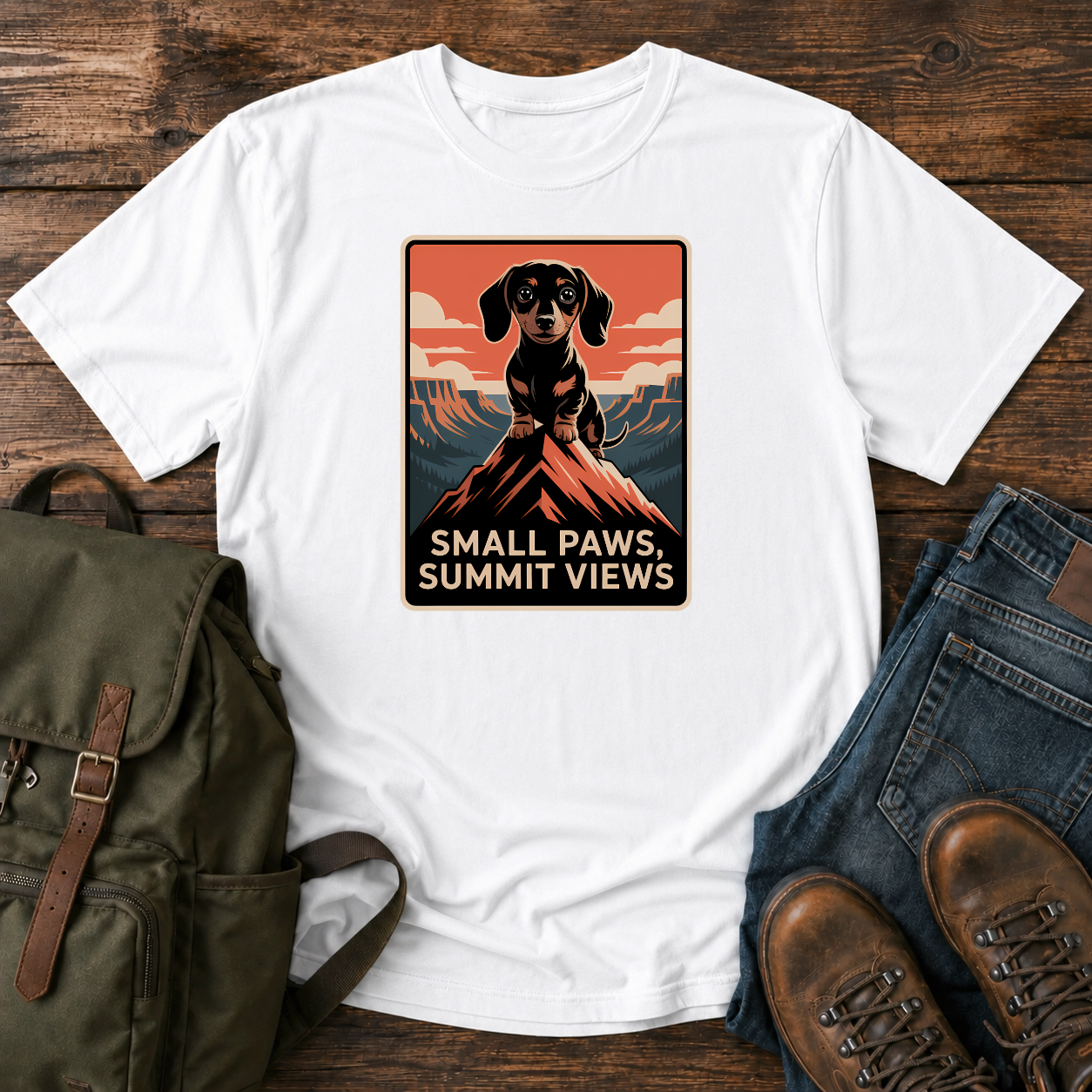 Dachshund standing on a mountain summit in a vintage national-park poster t-shirt design.