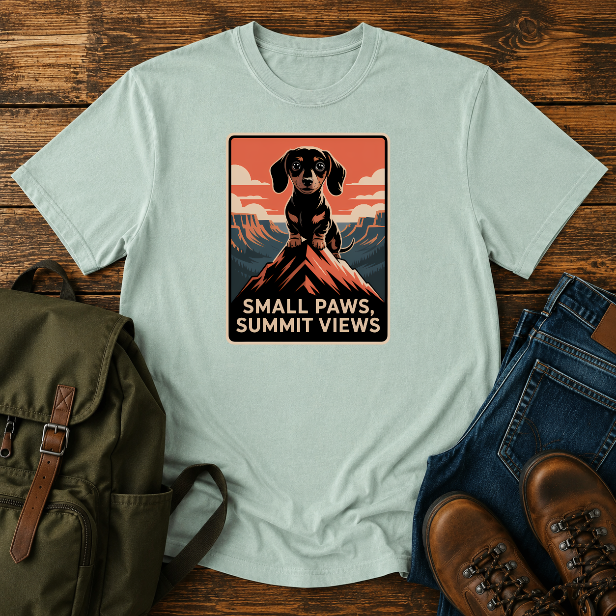 Dachshund standing on a mountain summit in a vintage national-park poster t-shirt design.