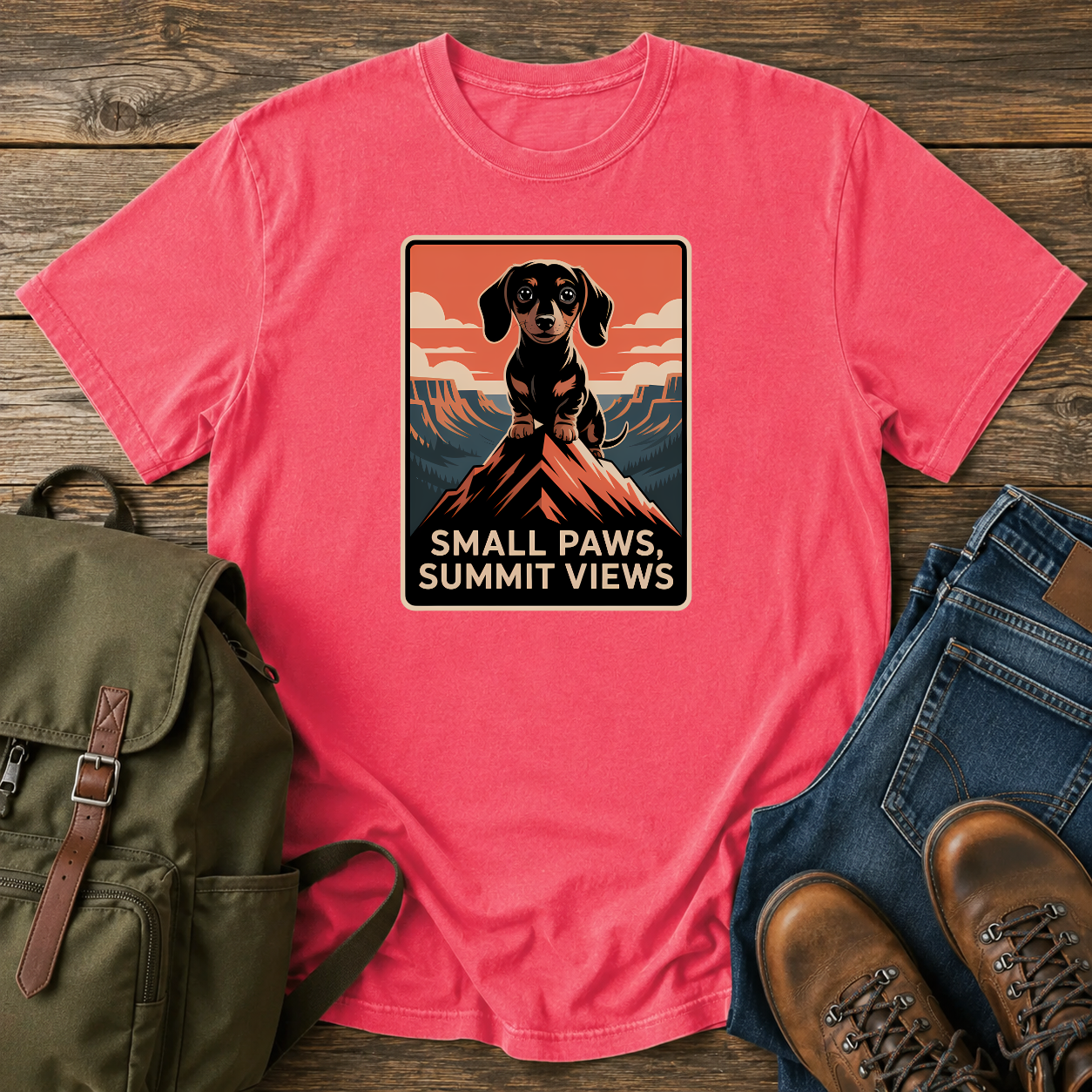 Dachshund standing on a mountain summit in a vintage national-park poster t-shirt design.