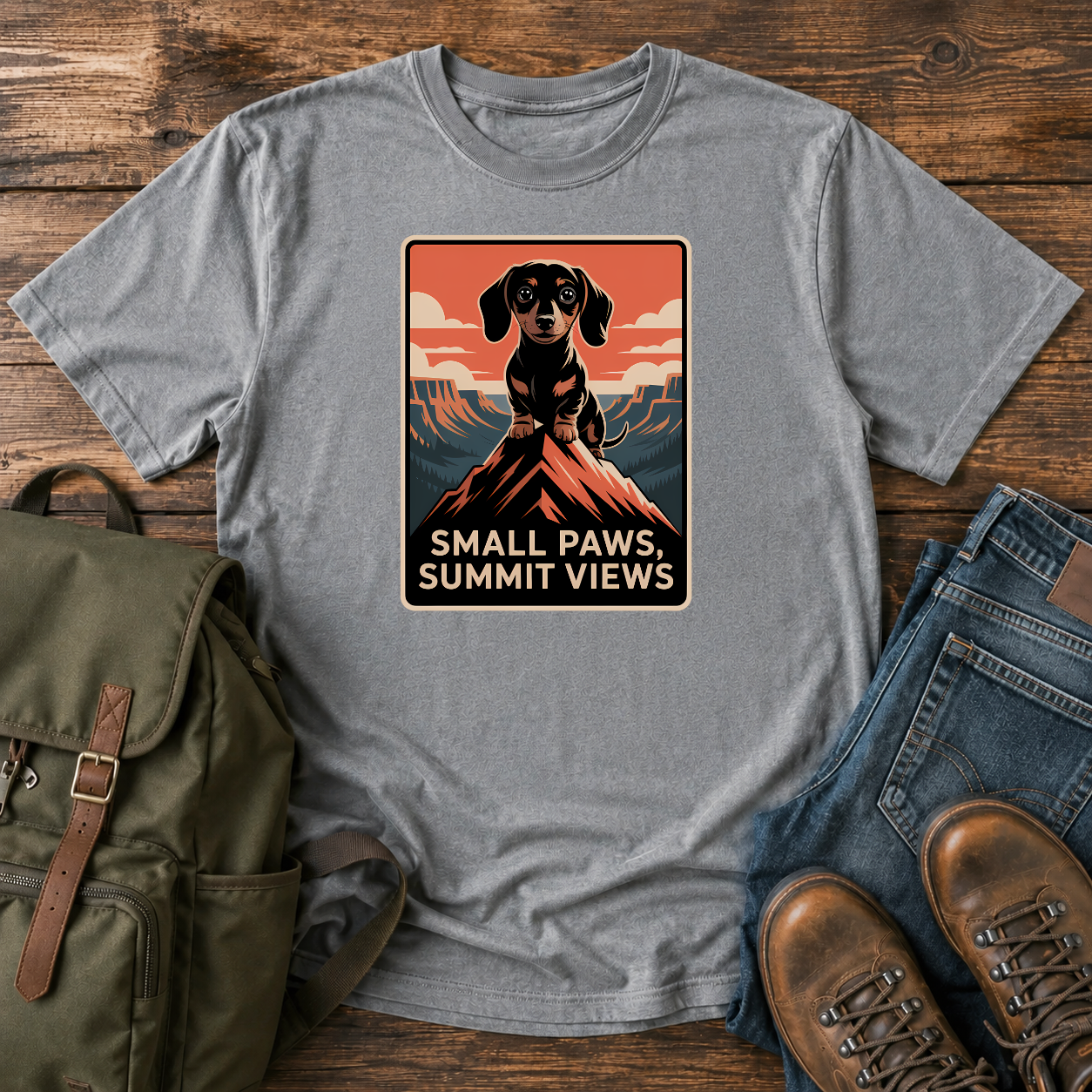 Dachshund standing on a mountain summit in a vintage national-park poster t-shirt design.
