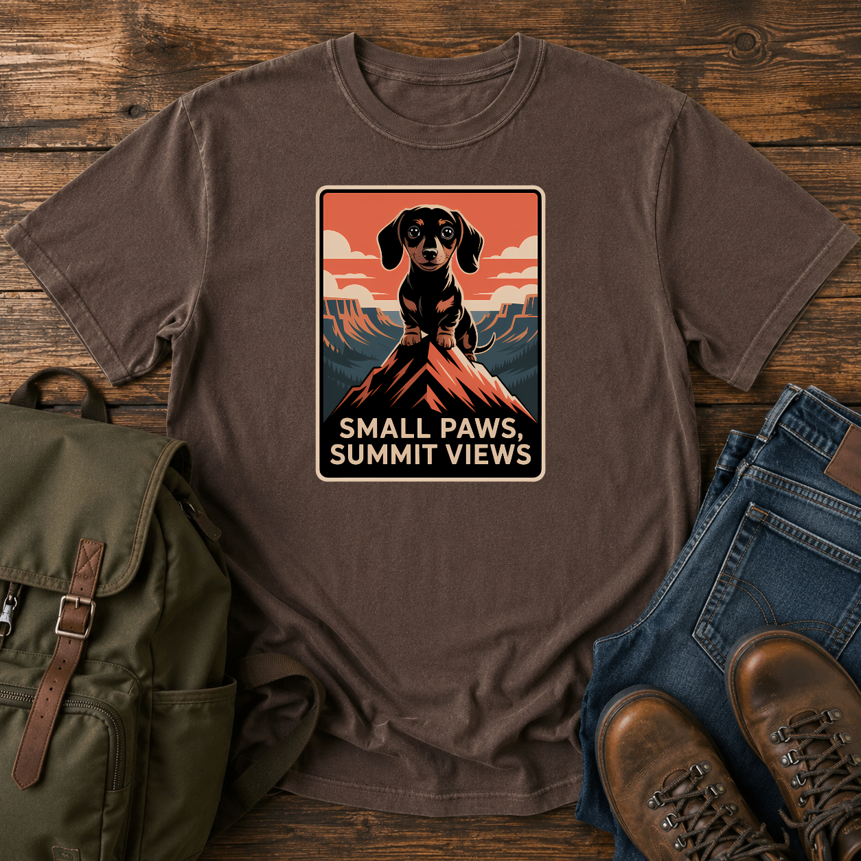 Dachshund standing on a mountain summit in a vintage national-park poster t-shirt design.