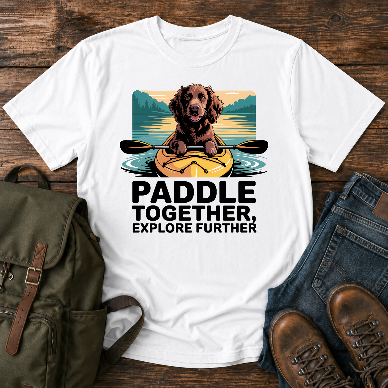 Boykin Spaniel dog paddling in the bow of a yellow kayak on a nautical t-shirt design.