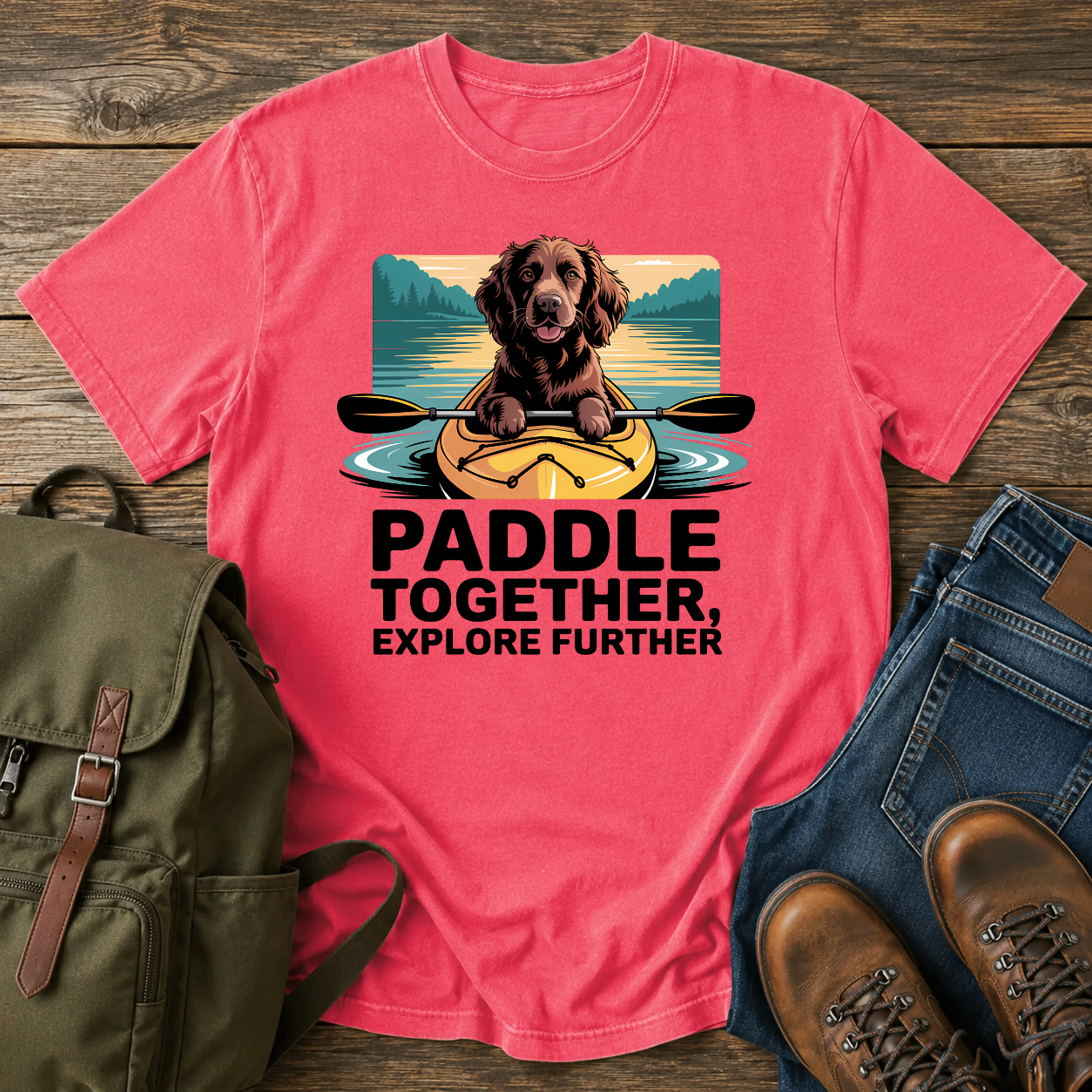 Boykin Spaniel dog paddling in the bow of a yellow kayak on a nautical t-shirt design.