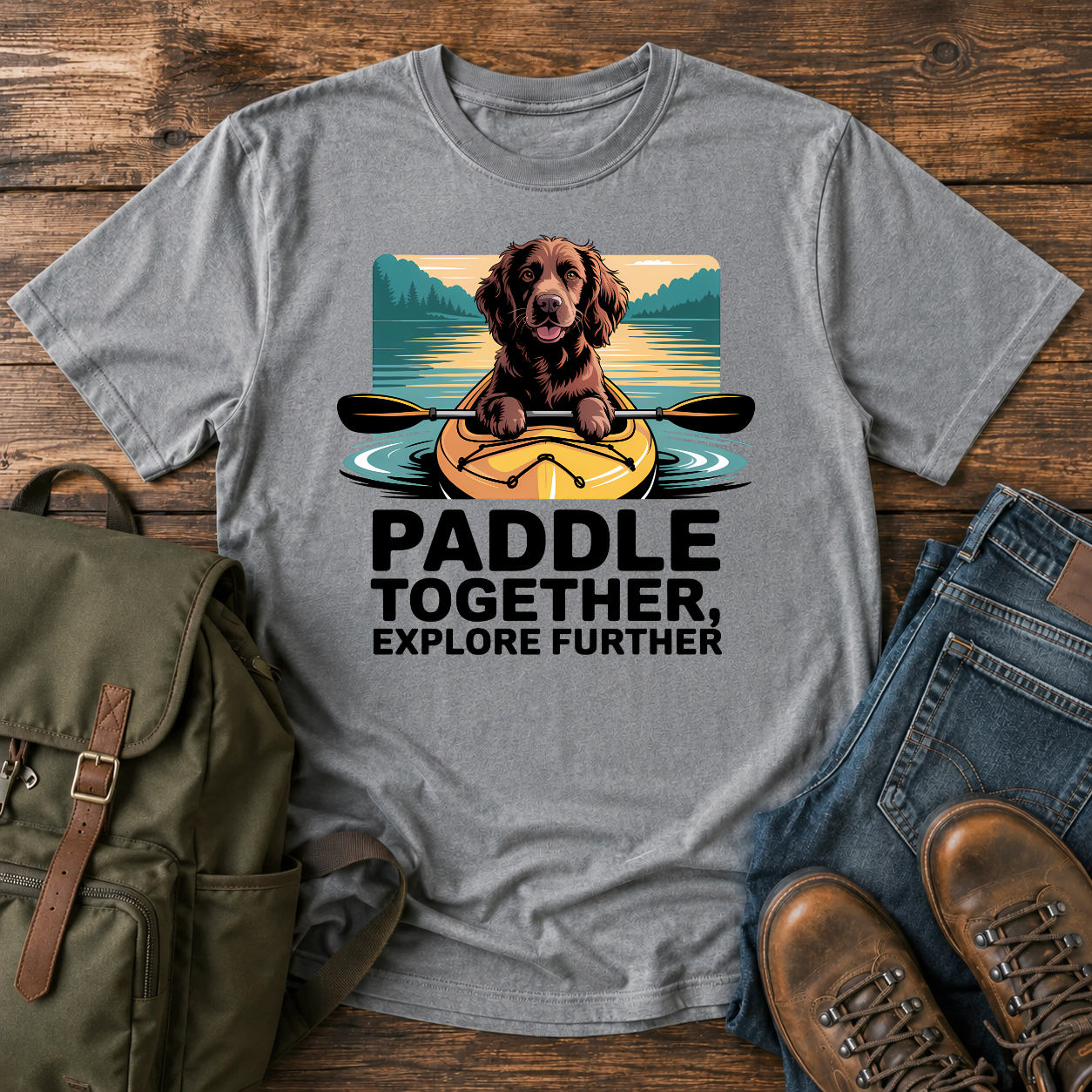 Boykin Spaniel dog paddling in the bow of a yellow kayak on a nautical t-shirt design.