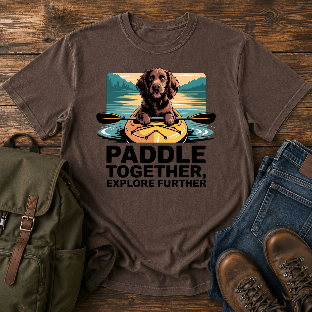 Boykin Spaniel dog paddling in the bow of a yellow kayak on a nautical t-shirt design.