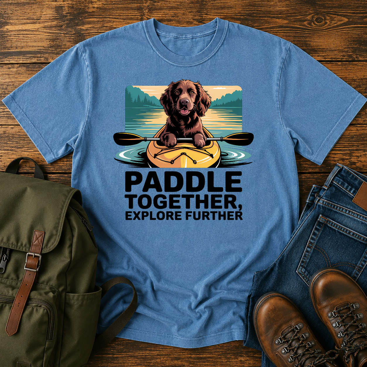 Boykin Spaniel dog paddling in the bow of a yellow kayak on a nautical t-shirt design.