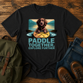 Boykin Spaniel dog paddling in the bow of a yellow kayak on a nautical t-shirt design.