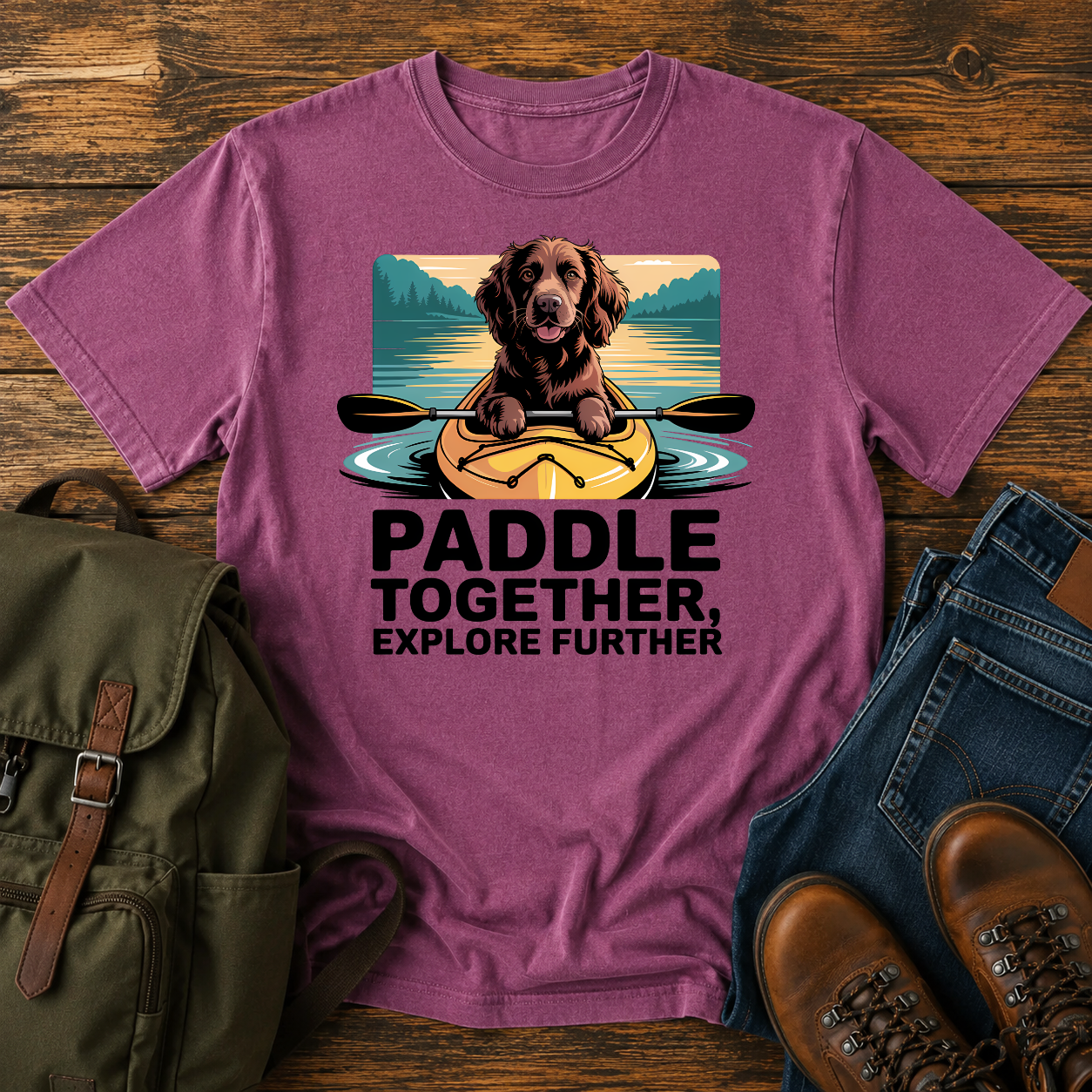 Boykin Spaniel dog paddling in the bow of a yellow kayak on a nautical t-shirt design.