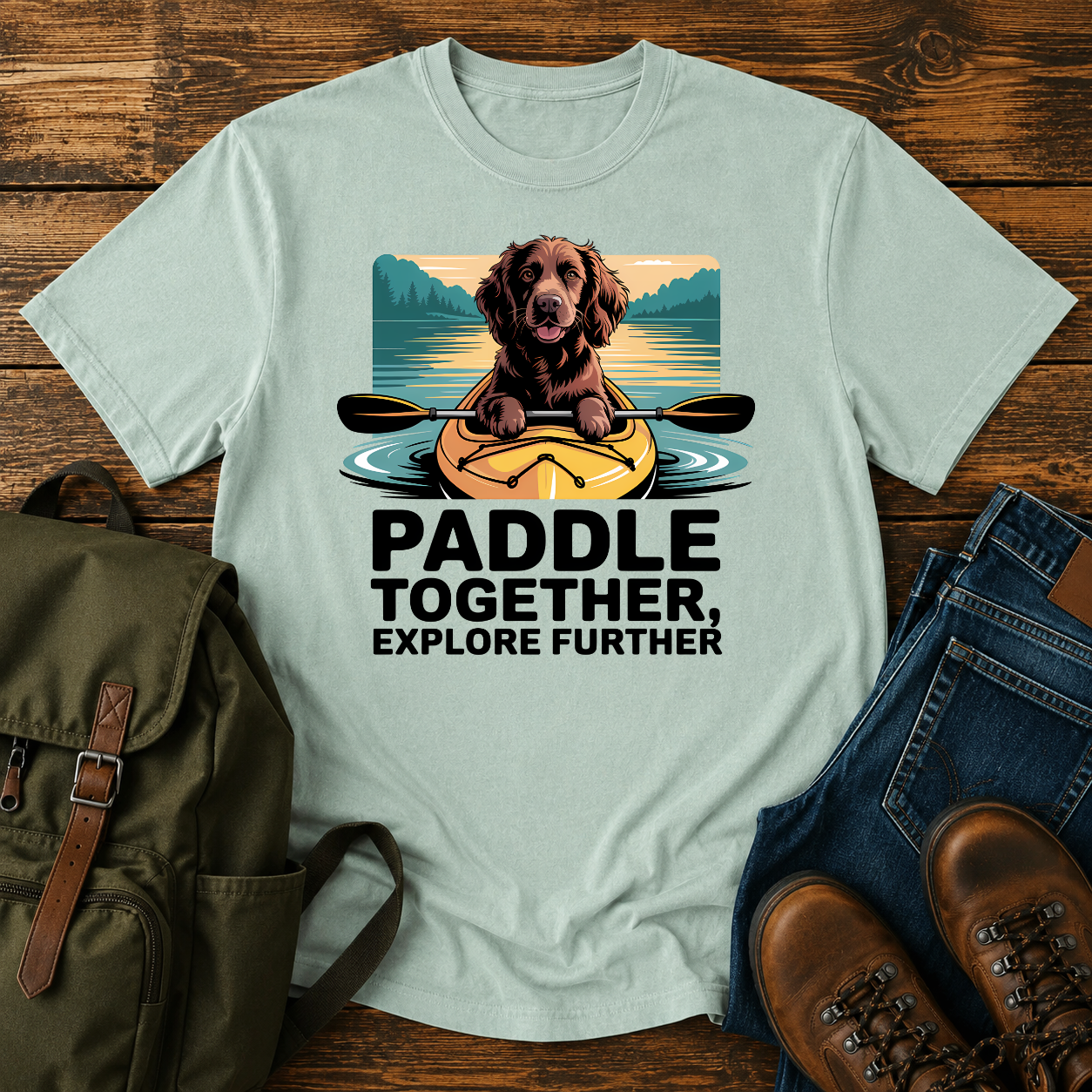 Boykin Spaniel dog paddling in the bow of a yellow kayak on a nautical t-shirt design.