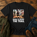 Australian Cattle Dog on rocky desert trail with vintage trail marker and bedroll on t-shirt