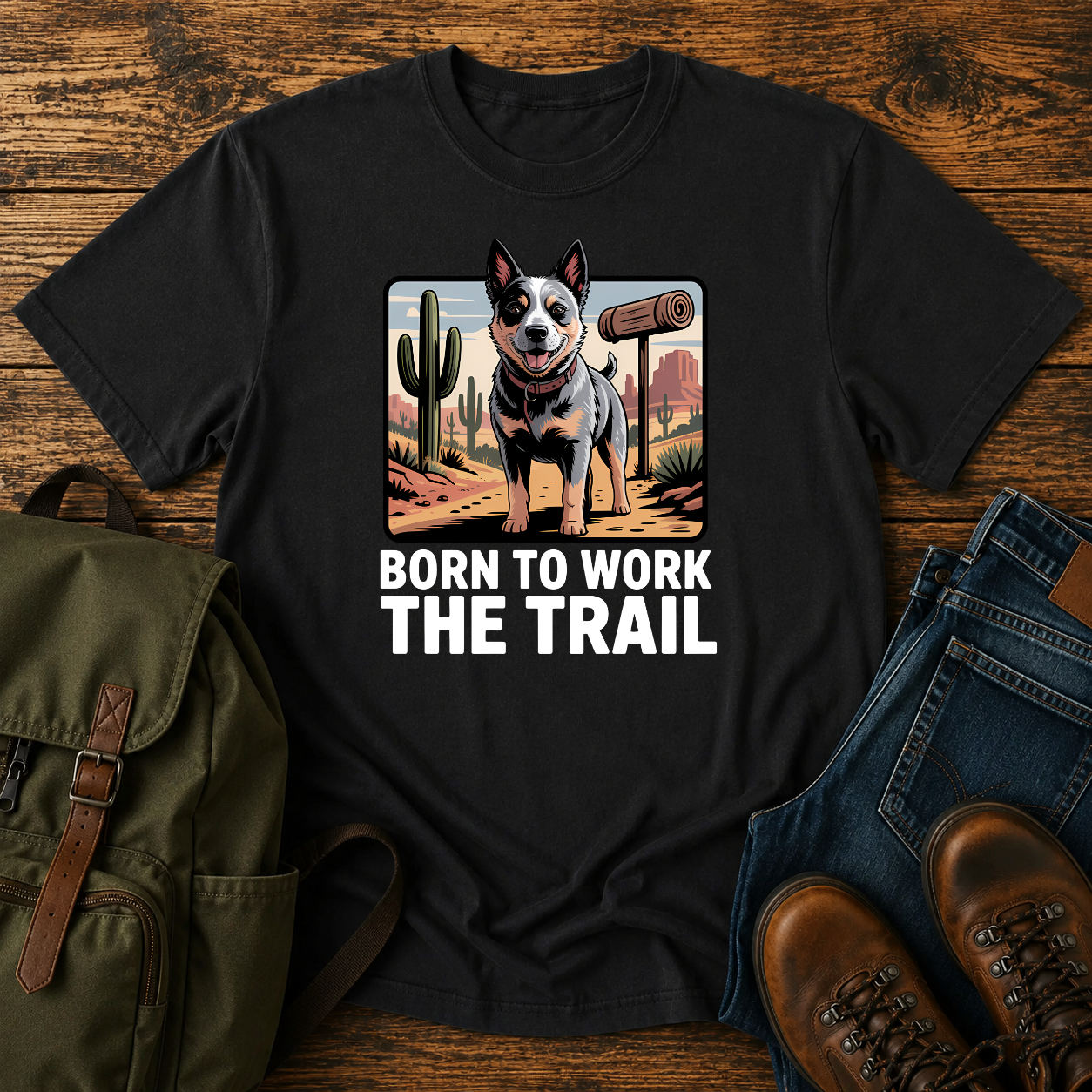 Australian Cattle Dog on rocky desert trail with vintage trail marker and bedroll on t-shirt