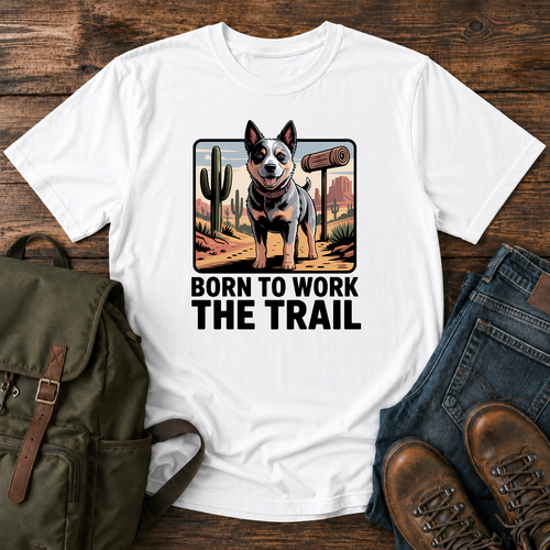Australian Cattle Dog on rocky desert trail with vintage trail marker and bedroll on t-shirt