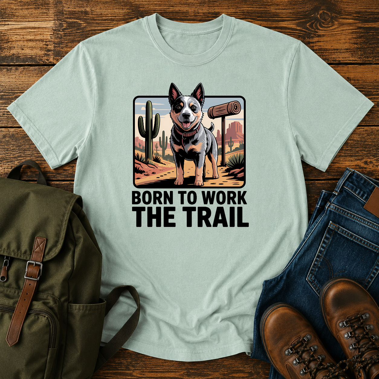 Australian Cattle Dog on rocky desert trail with vintage trail marker and bedroll on t-shirt
