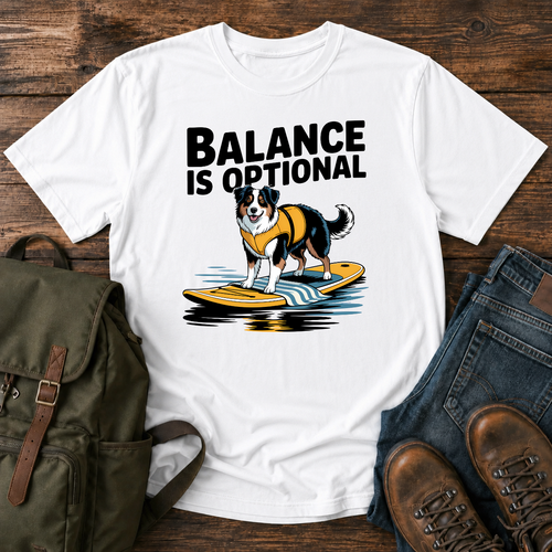 Australian Shepherd in yellow life jacket on paddleboard at golden hour mountain lake on t-shirt