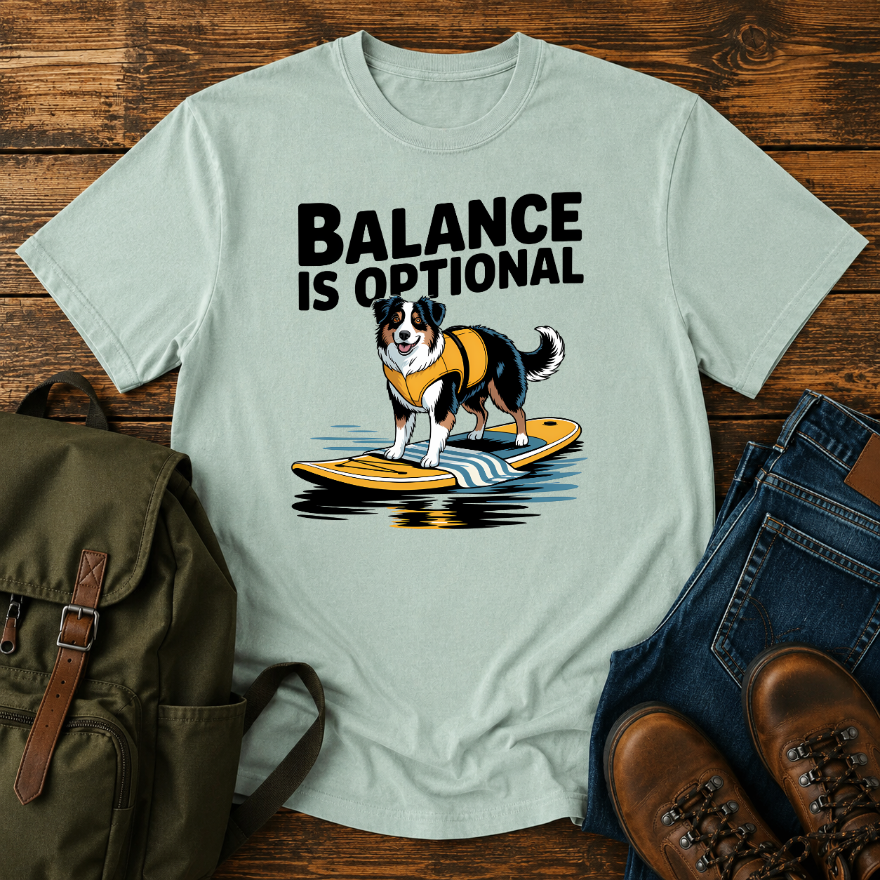 Australian Shepherd in yellow life jacket on paddleboard at golden hour mountain lake on t-shirt