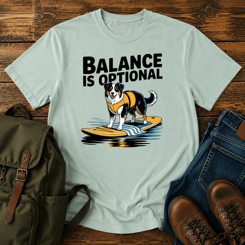 Australian Shepherd in yellow life jacket on paddleboard at golden hour mountain lake on t-shirt