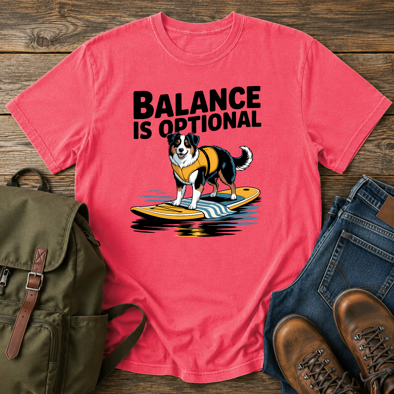 Australian Shepherd in yellow life jacket on paddleboard at golden hour mountain lake on t-shirt
