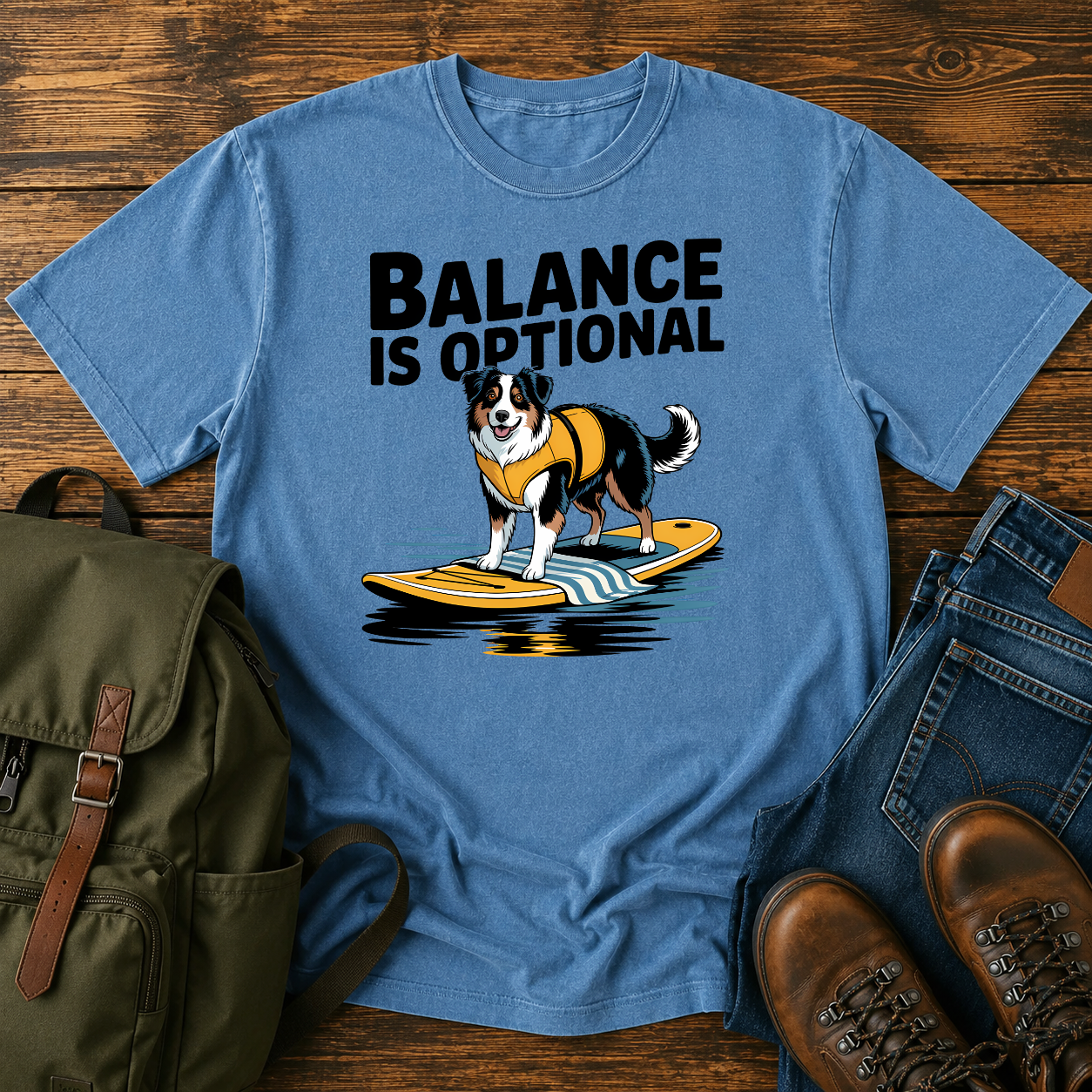 Australian Shepherd in yellow life jacket on paddleboard at golden hour mountain lake on t-shirt