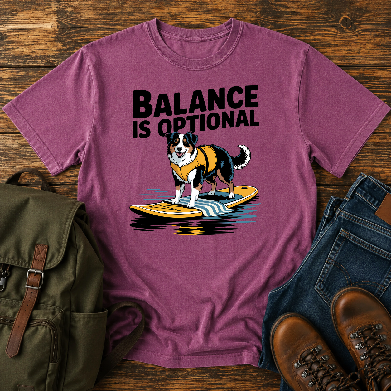 Australian Shepherd in yellow life jacket on paddleboard at golden hour mountain lake on t-shirt