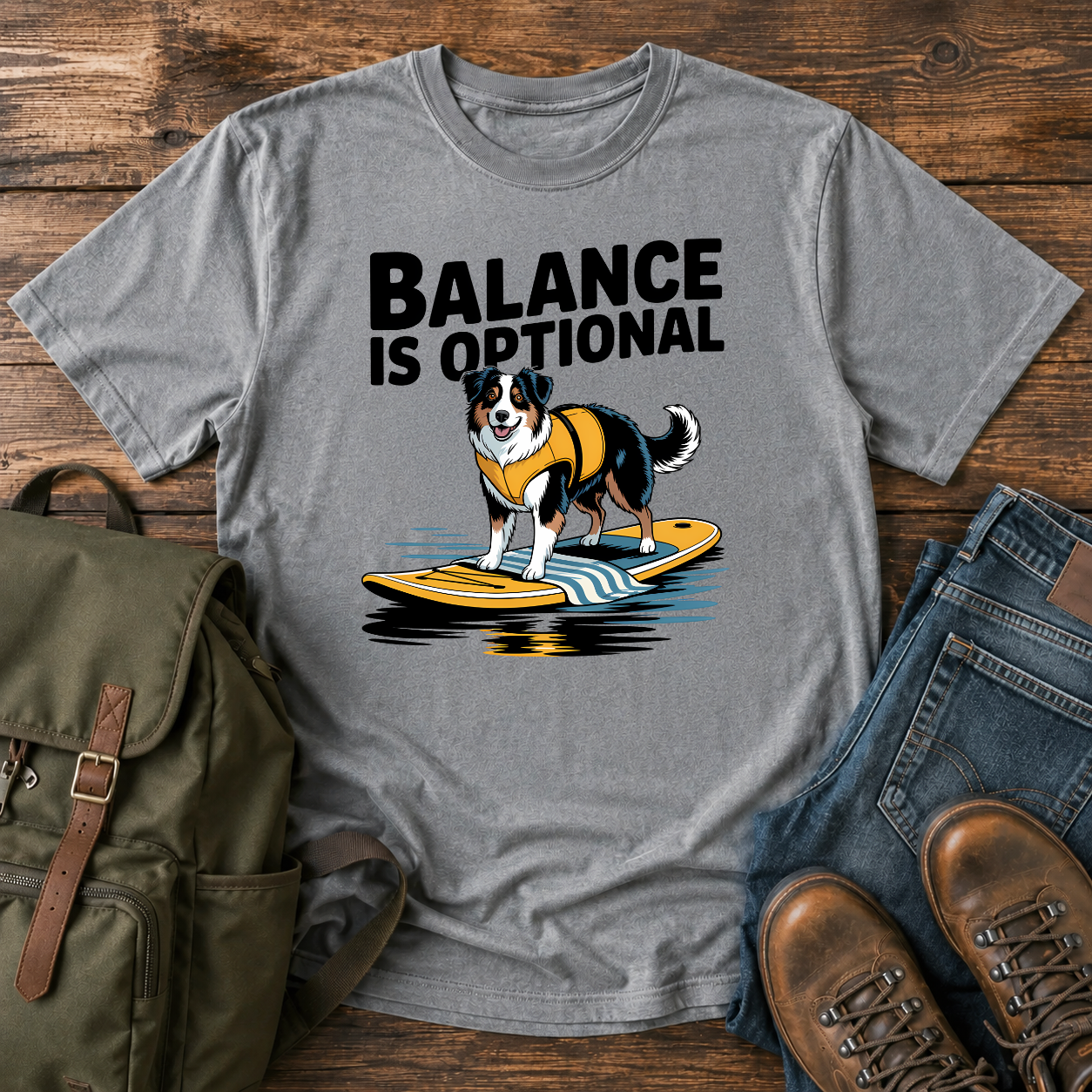 Australian Shepherd in yellow life jacket on paddleboard at golden hour mountain lake on t-shirt